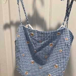 Blue Gingham Crop Top with Floral Embroidery